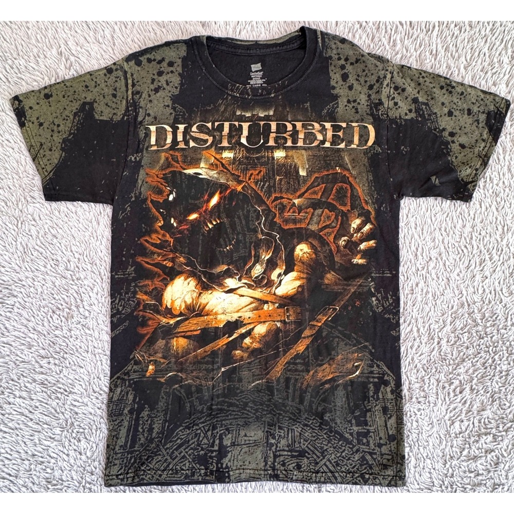 Disturbed Band Tee Hanes Heavyweight Graphic T-Shirt Black Small All Over Print